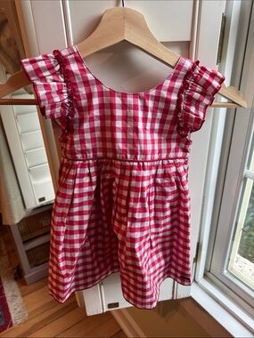 Red Gingham Ruffle-Sleeve Kids Dress w white knit sweater  — never worn
